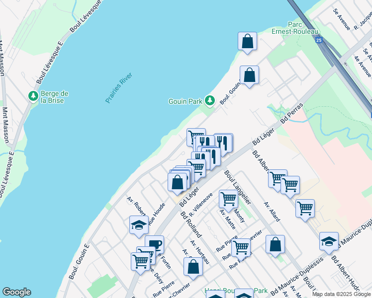map of restaurants, bars, coffee shops, grocery stores, and more near 6400 Impasse Gouin in Montréal