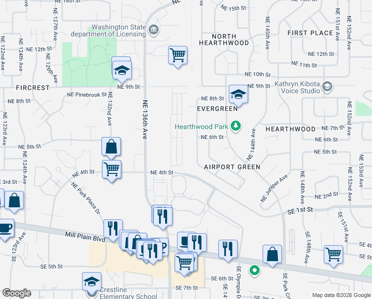 map of restaurants, bars, coffee shops, grocery stores, and more near 406 Northeast 138th Avenue in Vancouver