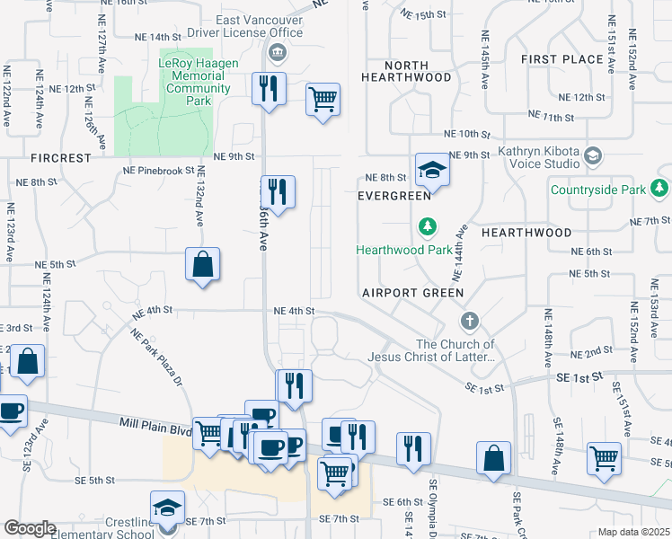 map of restaurants, bars, coffee shops, grocery stores, and more near 406 Northeast 138th Avenue in Vancouver