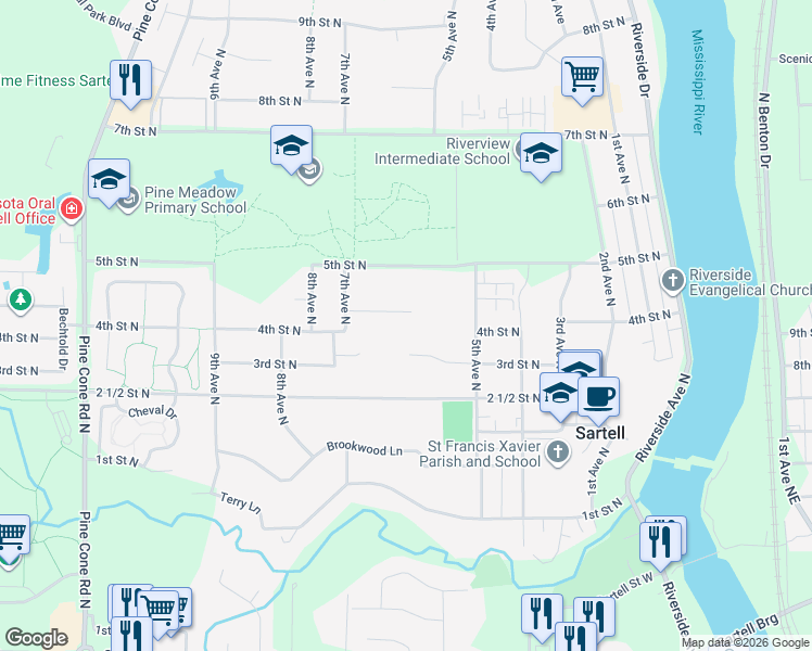 map of restaurants, bars, coffee shops, grocery stores, and more near 527 3rd Street North in Sartell