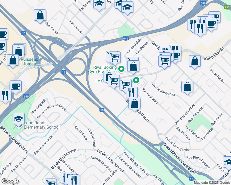 map of restaurants, bars, coffee shops, grocery stores, and more near 744 Boulevard du Curé-Boivin in Boisbriand