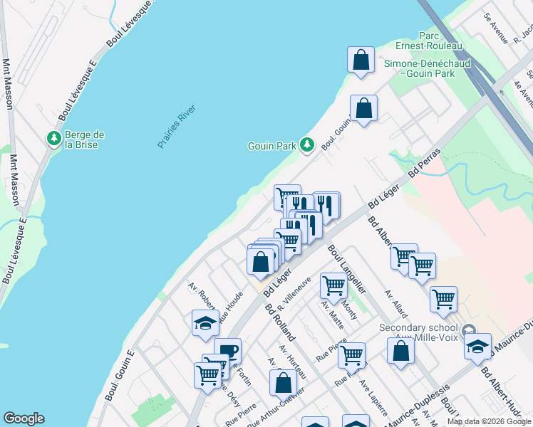 map of restaurants, bars, coffee shops, grocery stores, and more near 6450 Boulevard Gouin Est in Montréal