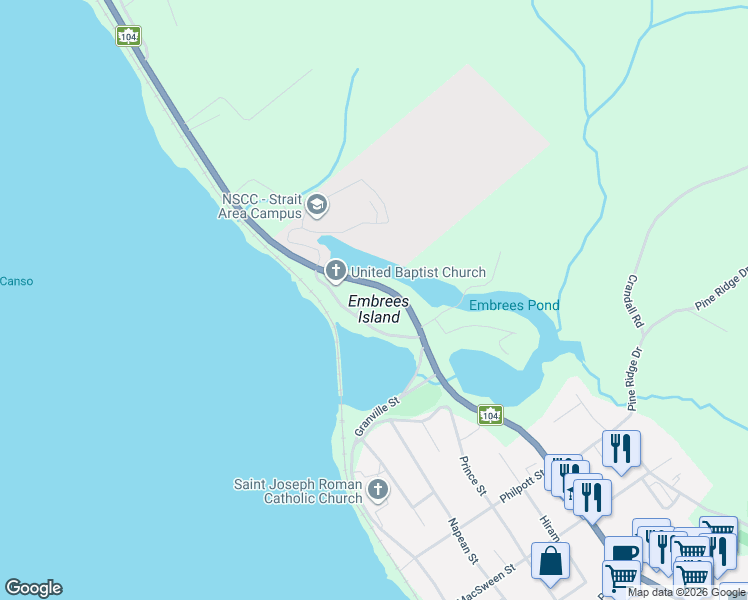 map of restaurants, bars, coffee shops, grocery stores, and more near 12 Embree Island Road in Port Hawkesbury