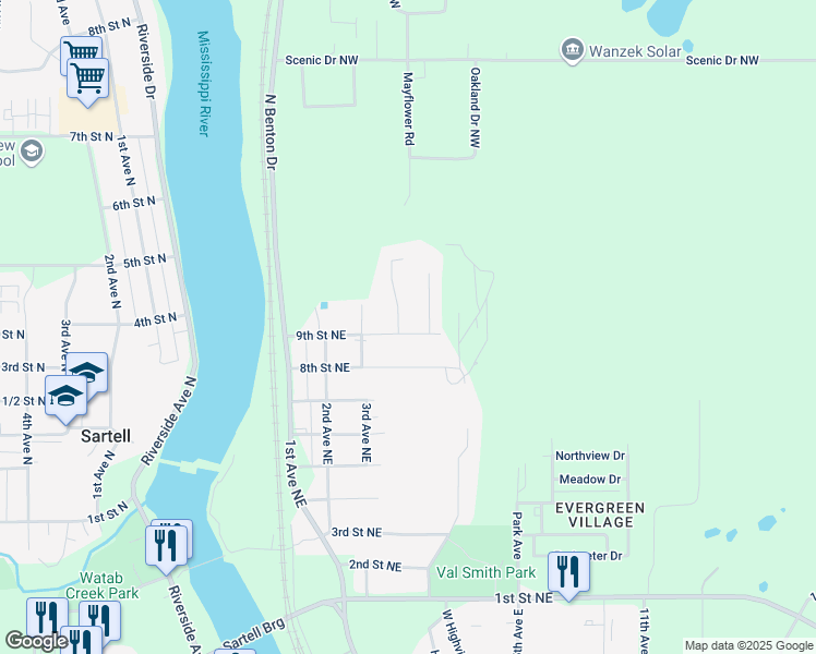 map of restaurants, bars, coffee shops, grocery stores, and more near 307 8th Street Northeast in Sartell