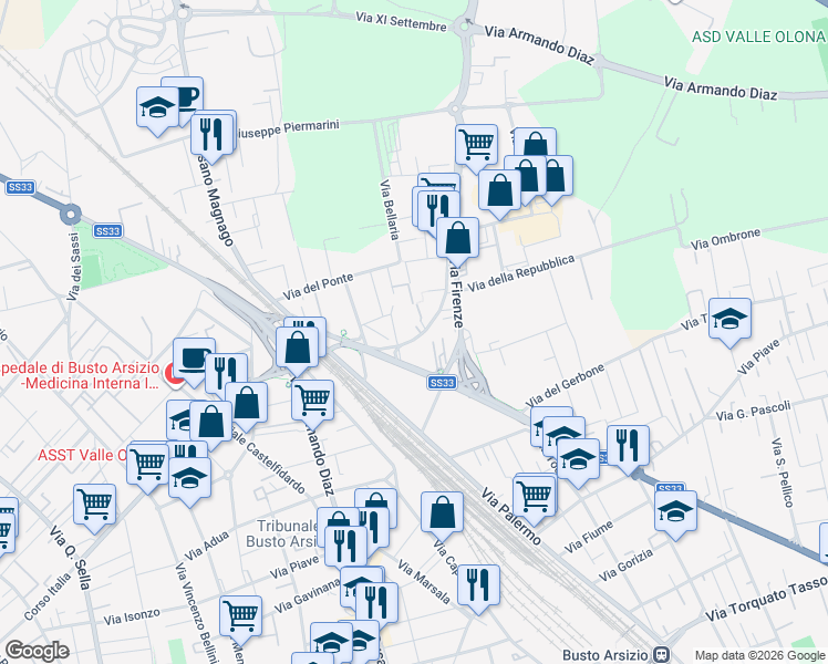 map of restaurants, bars, coffee shops, grocery stores, and more near 68 Strada Statale 33 in Busto Arsizio