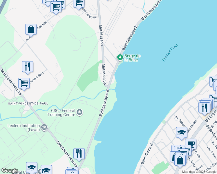 map of restaurants, bars, coffee shops, grocery stores, and more near Montée Masson & Boulevard Lévesque E in Laval