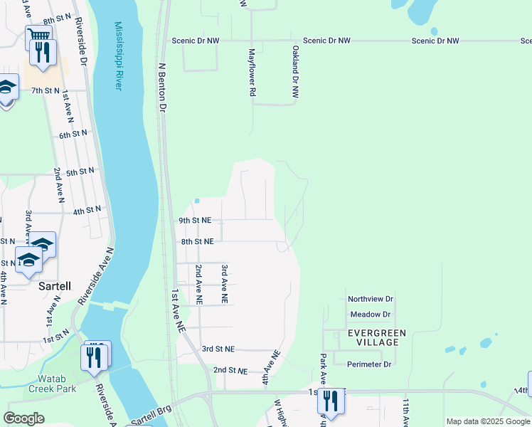 map of restaurants, bars, coffee shops, grocery stores, and more near 500 9th Street Northeast in Sartell
