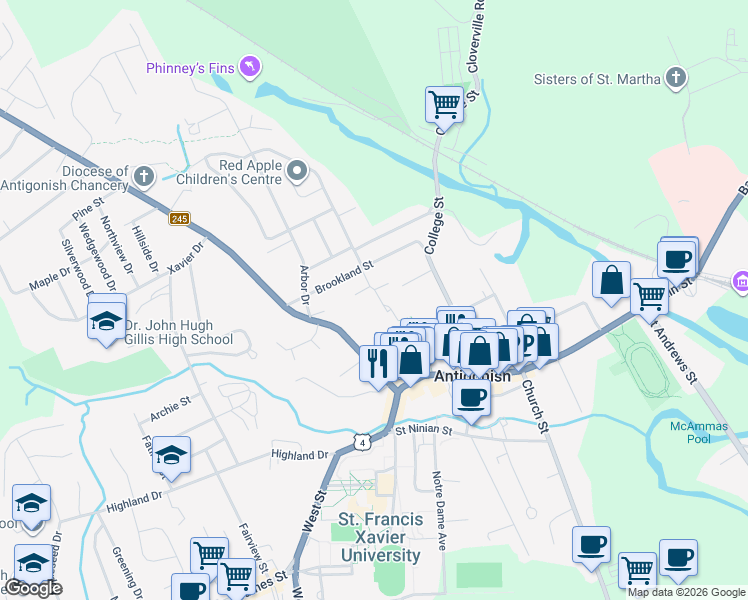 map of restaurants, bars, coffee shops, grocery stores, and more near 14 Orchard Terrace in Antigonish
