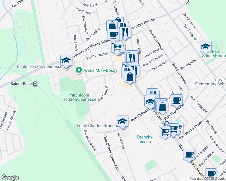 map of restaurants, bars, coffee shops, grocery stores, and more near 1519 Rue Tekakwitha in Laval