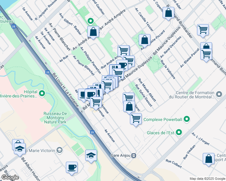 map of restaurants, bars, coffee shops, grocery stores, and more near 7470 Boulevard Maurice Duplessis in Montreal