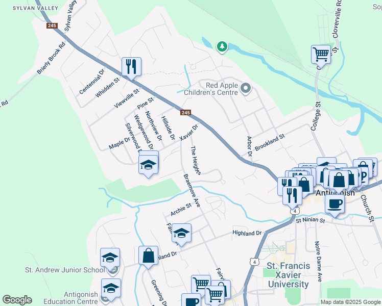 map of restaurants, bars, coffee shops, grocery stores, and more near 26 The Heights in Antigonish