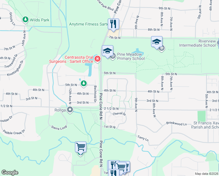 map of restaurants, bars, coffee shops, grocery stores, and more near 1054 11th Avenue North in Sartell