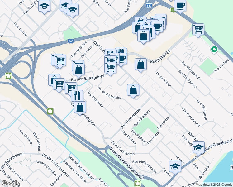 map of restaurants, bars, coffee shops, grocery stores, and more near Avenue de Péribonka in Boisbriand