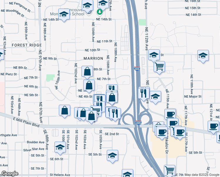map of restaurants, bars, coffee shops, grocery stores, and more near 10607 Northeast 7th Street in Vancouver