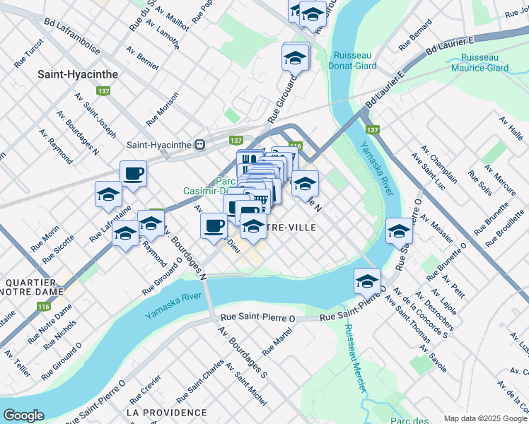 map of restaurants, bars, coffee shops, grocery stores, and more near 1280 Rue Des Cascades O in Saint-Hyacinthe