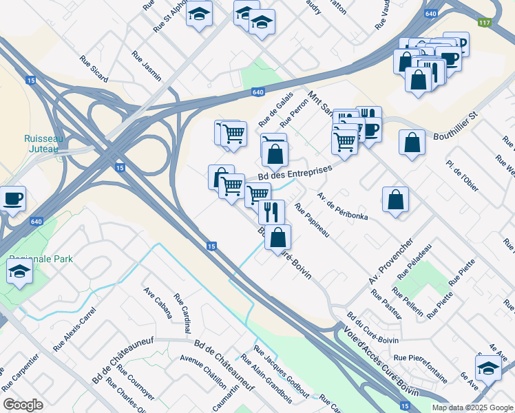 map of restaurants, bars, coffee shops, grocery stores, and more near in Boisbriand