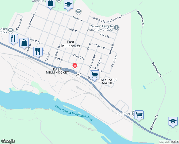 map of restaurants, bars, coffee shops, grocery stores, and more near 8 Eastern Avenue in East Millinocket