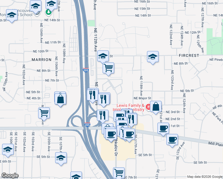 map of restaurants, bars, coffee shops, grocery stores, and more near 11301 Northeast 7th Street in Vancouver