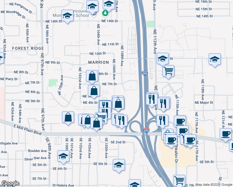 map of restaurants, bars, coffee shops, grocery stores, and more near 10607 Northeast 7th Street in Vancouver