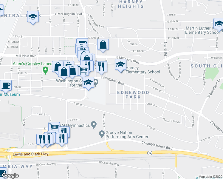 map of restaurants, bars, coffee shops, grocery stores, and more near 627 Martin Way in Vancouver