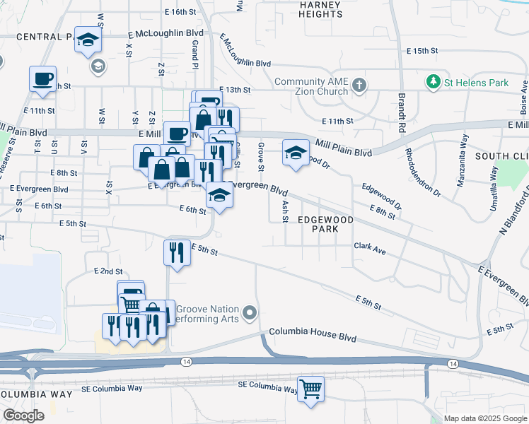 map of restaurants, bars, coffee shops, grocery stores, and more near 627 Martin Way in Vancouver