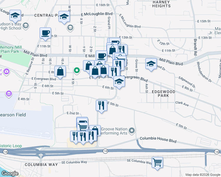 map of restaurants, bars, coffee shops, grocery stores, and more near 2811 East Evergreen Boulevard in Vancouver