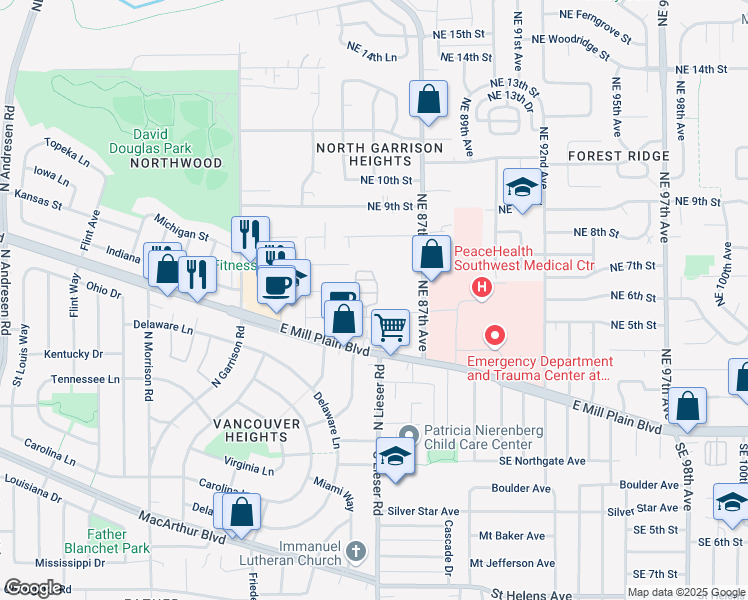 map of restaurants, bars, coffee shops, grocery stores, and more near 8400 Northeast 5th Street in Vancouver
