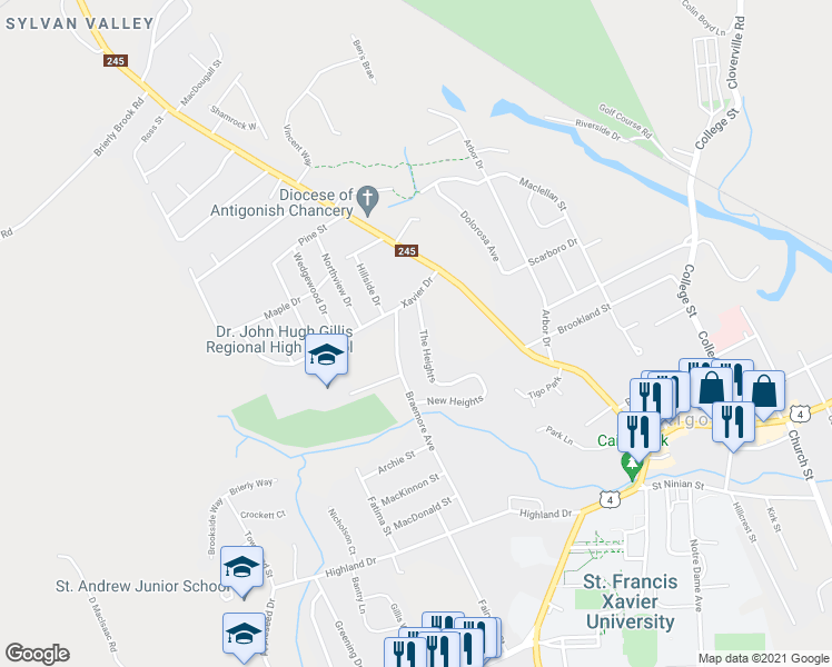 map of restaurants, bars, coffee shops, grocery stores, and more near 24 The Heights in Antigonish