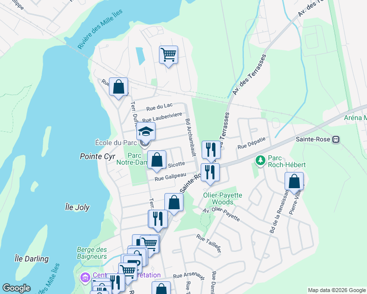 map of restaurants, bars, coffee shops, grocery stores, and more near 74 Rue Malard in Laval