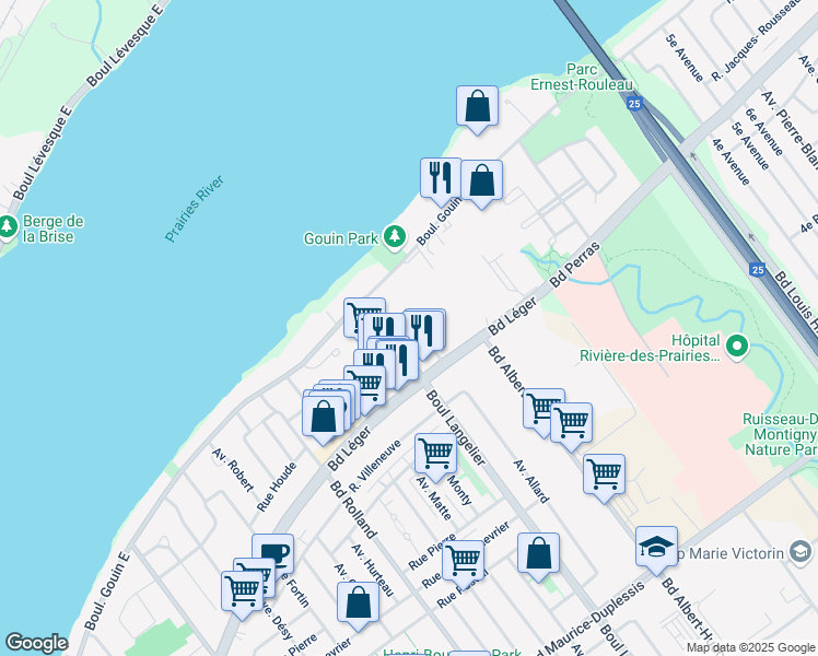 map of restaurants, bars, coffee shops, grocery stores, and more near 12744 Avenue Allard in Montréal