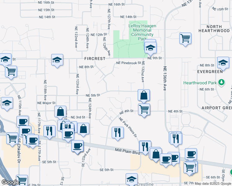 map of restaurants, bars, coffee shops, grocery stores, and more near 12719 Northeast 5th Street in Vancouver