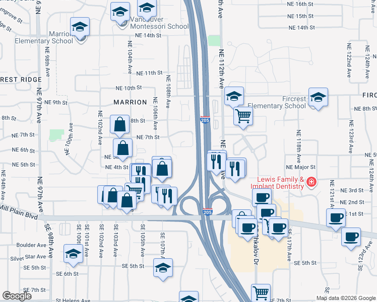 map of restaurants, bars, coffee shops, grocery stores, and more near 10920 Northeast 6th Street in Vancouver