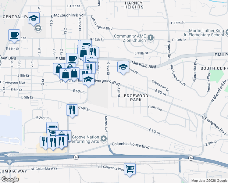 map of restaurants, bars, coffee shops, grocery stores, and more near 627 Martin Way in Vancouver