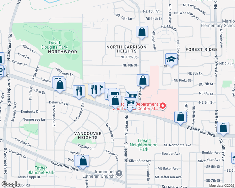 map of restaurants, bars, coffee shops, grocery stores, and more near 8206 Northeast 6th Street in Vancouver