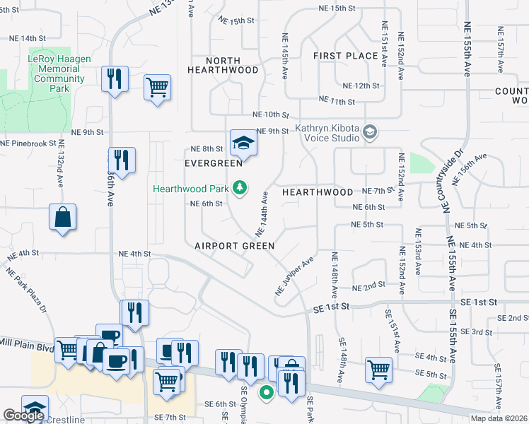 map of restaurants, bars, coffee shops, grocery stores, and more near 513 Northeast 144th Avenue in Vancouver