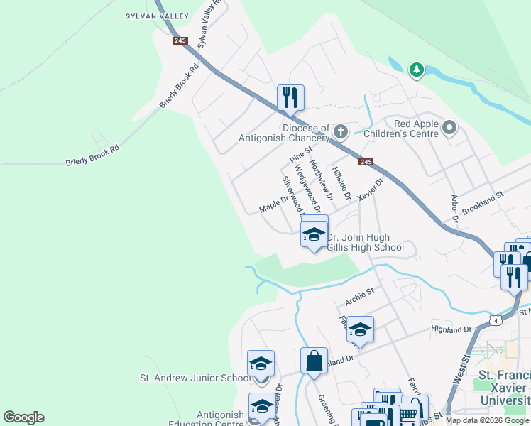 map of restaurants, bars, coffee shops, grocery stores, and more near 36 Maple Drive in Antigonish