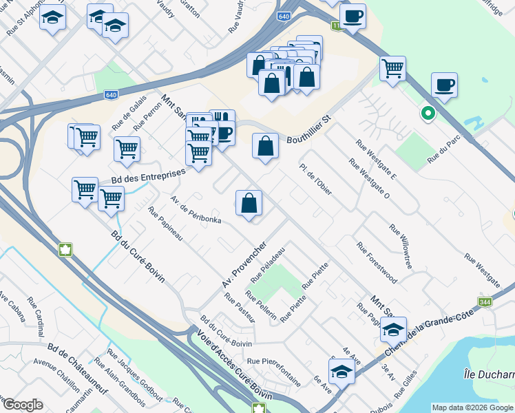 map of restaurants, bars, coffee shops, grocery stores, and more near 322 Rue de la Promenade in Boisbriand