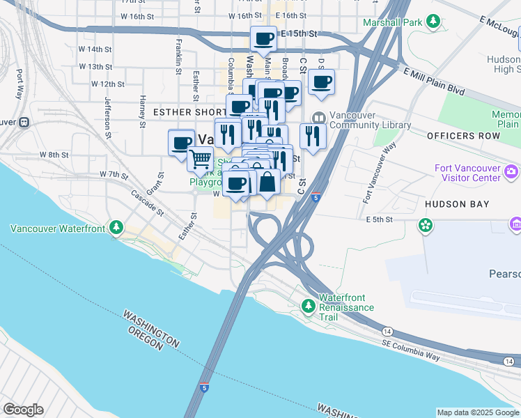 map of restaurants, bars, coffee shops, grocery stores, and more near 500 Main Street in Vancouver