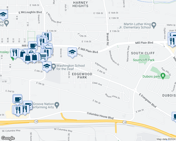 map of restaurants, bars, coffee shops, grocery stores, and more near 3604 East Evergreen Boulevard in Vancouver