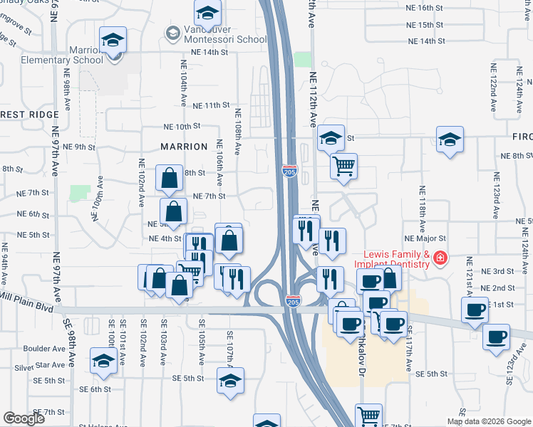 map of restaurants, bars, coffee shops, grocery stores, and more near 10920 Northeast 6th Street in Vancouver