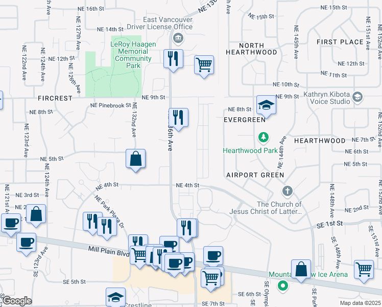 map of restaurants, bars, coffee shops, grocery stores, and more near 521 Northeast 136th Avenue in Vancouver