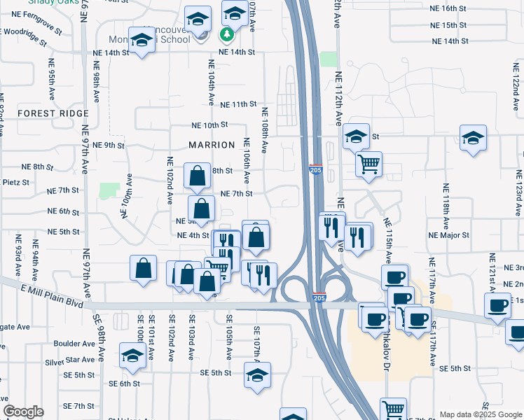 map of restaurants, bars, coffee shops, grocery stores, and more near 10802 Northeast 6th Street in Vancouver