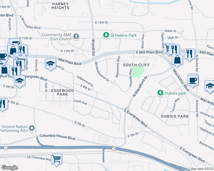 map of restaurants, bars, coffee shops, grocery stores, and more near 609 Rhododendron Drive in Vancouver