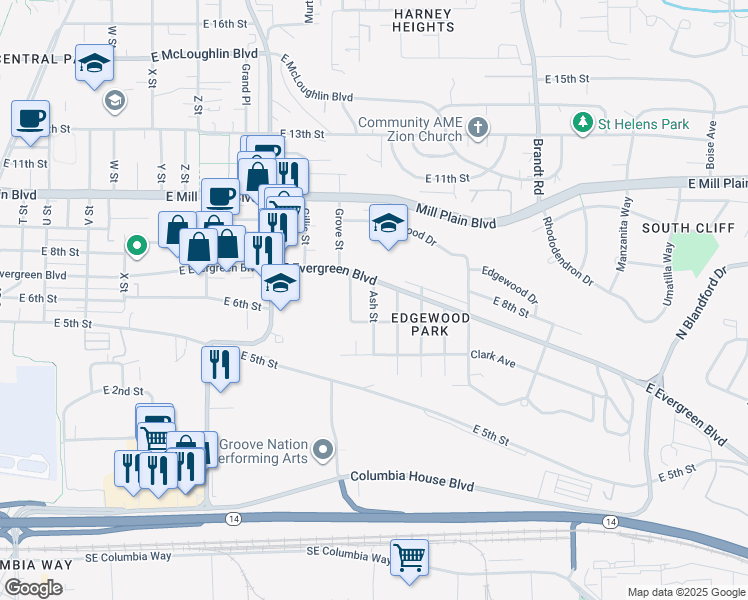 map of restaurants, bars, coffee shops, grocery stores, and more near 3312 East Evergreen Boulevard in Vancouver