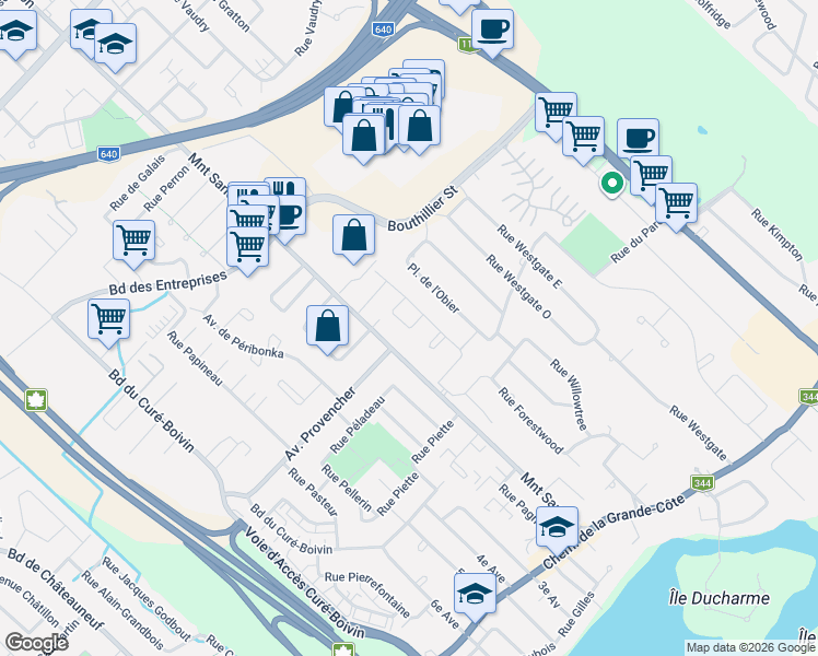 map of restaurants, bars, coffee shops, grocery stores, and more near Rue des Mélèzes in Rosemère