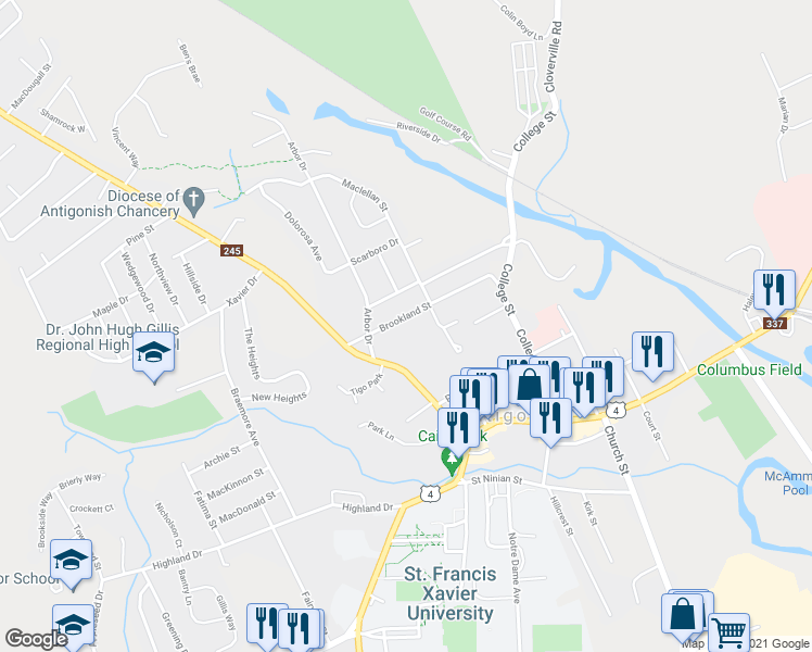 map of restaurants, bars, coffee shops, grocery stores, and more near 87 Brookland Street in Antigonish