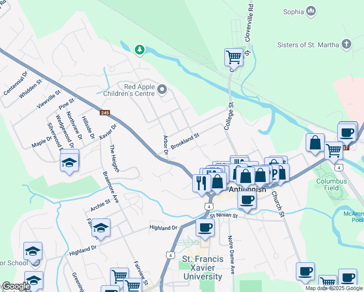 map of restaurants, bars, coffee shops, grocery stores, and more near 87 Brookland Street in Antigonish