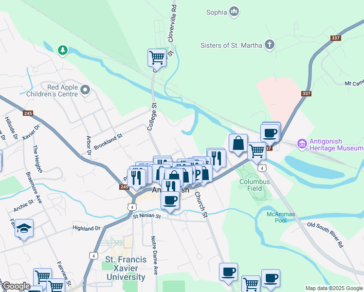 map of restaurants, bars, coffee shops, grocery stores, and more near 64 Victoria Street in Antigonish