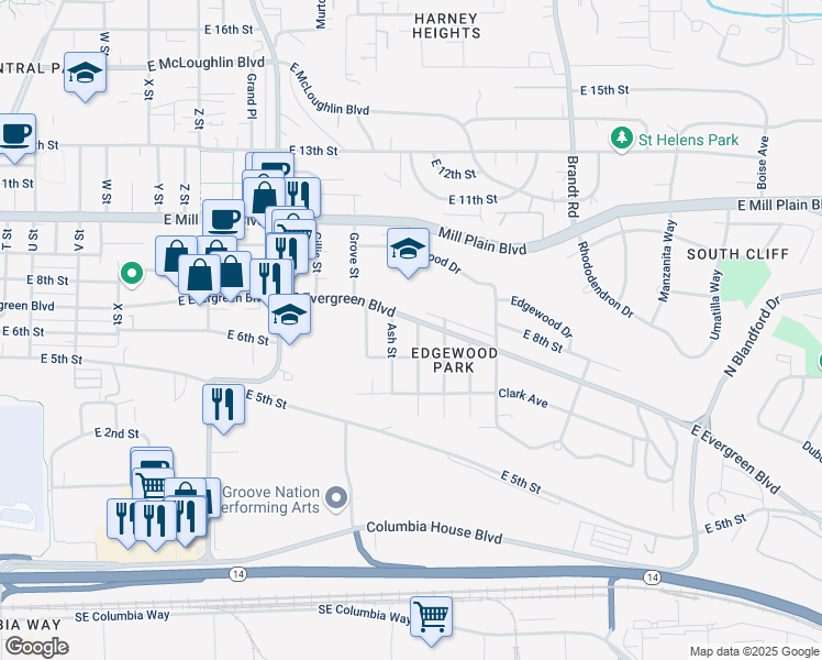 map of restaurants, bars, coffee shops, grocery stores, and more near 3312 East Evergreen Boulevard in Vancouver