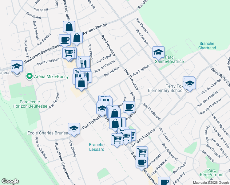 map of restaurants, bars, coffee shops, grocery stores, and more near 5377 Rue de Paname in Laval